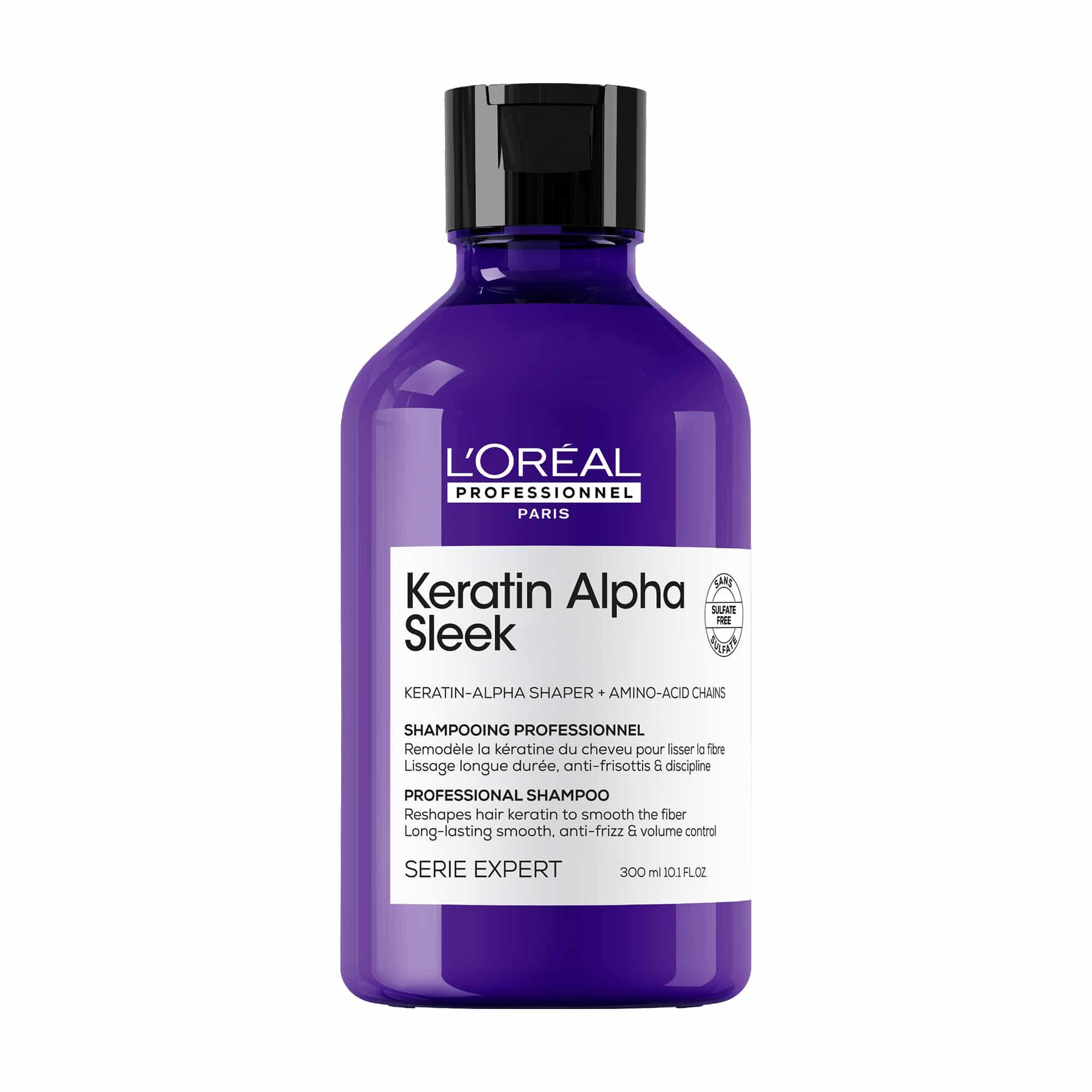 Shampoo profissional 300ml Keratin Alpha Sleek L'Oréal Professionnel, formulado com Modelador Keratin-Alpha e Cadeias de Aminoácidos.