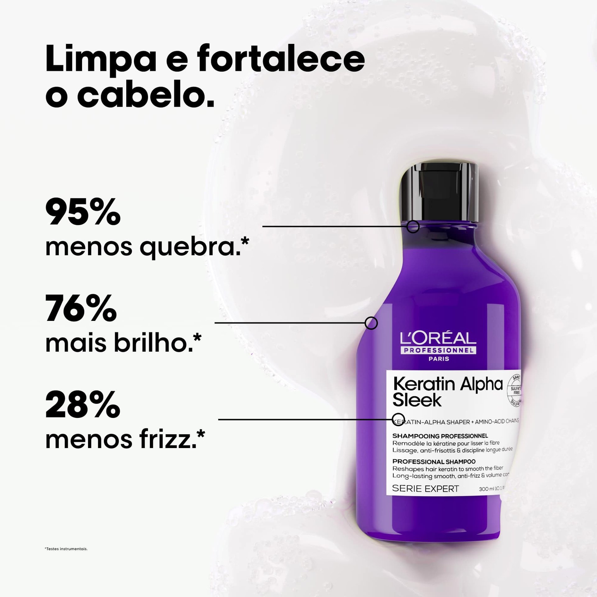 Shampoo profissional 300ml Keratin Alpha Sleek LOreal Professionnel, formulado com Modelador Keratin-Alpha e Cadeias de Aminoacidos.