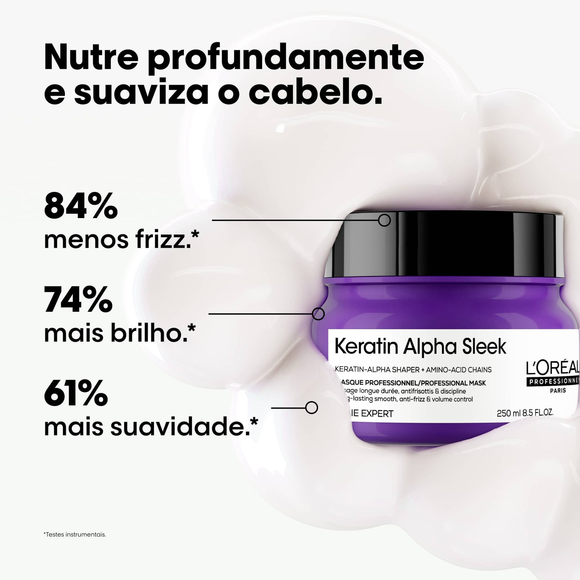 Máscara profissional 250ml para suavidade duradoura e frizz e volume controlados.
