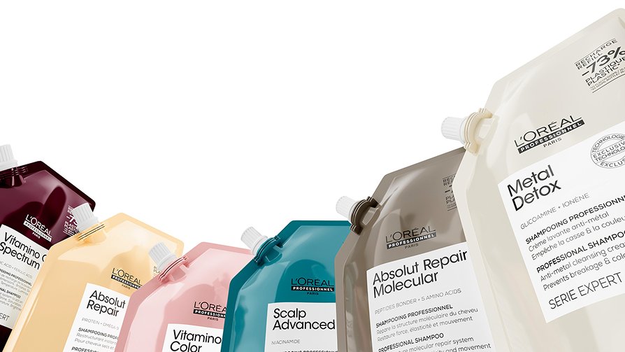 Apresentação dos produtos essenciais para o cuidado capilar da L’Oréal, com opções de recarga, destacando os itens indispensáveis para uma rotina capilar completa e perfeita.