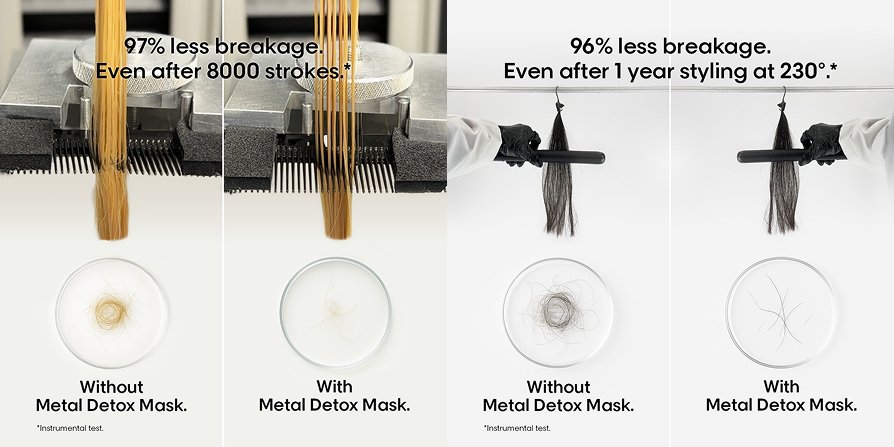Comparação do cabelo com e sem a máscara capilar L’Oréal Metal Detox: menos 97% de quebra num teste de pente, para um cabelo mais forte e saudável.