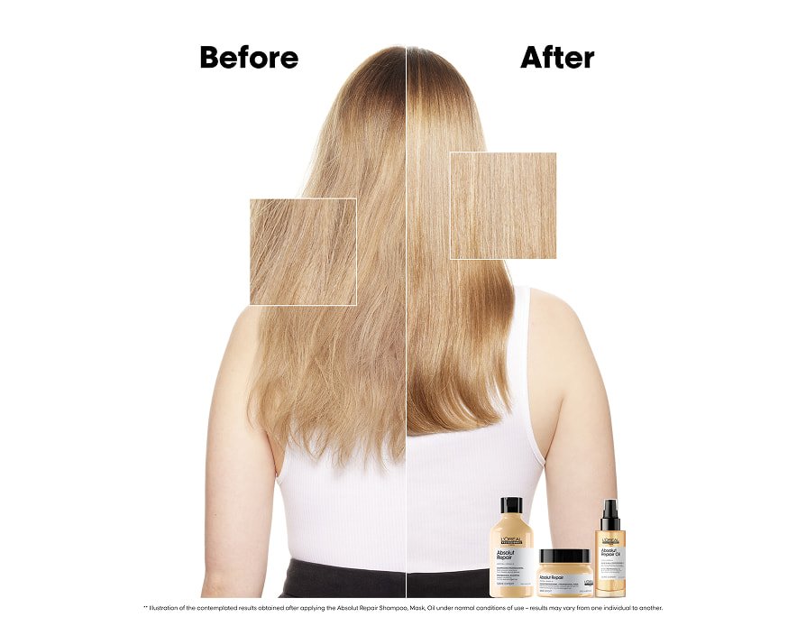 Antes e depois do cabelo comprido e loiro de uma mulher após o uso da Máscara Reparadora Absolut e do óleo capilar reparador, para resultados visivelmente mais suaves e brilhantes.