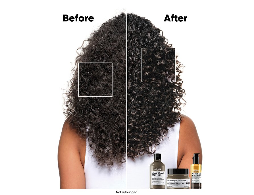 Antes e depois do cabelo castanho encaracolado de uma mulher após o uso da Máscara Molecular de Reparação Absolut e do óleo bifásico para caracóis brilhantes e definidos.