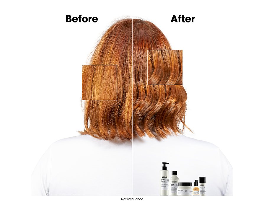 Antes e depois do cabelo curto e pintado de uma mulher que usa a máscara Metal Detox e uma rotina completa de cuidados capilares para resultados mais suaves e brilhantes.