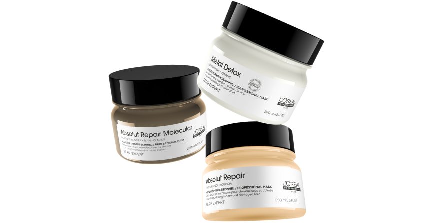A linha de máscaras capilares da L’Oréal apresenta-se em conjunto, destacando o cuidado específico que repara visivelmente o cabelo danificado e ajuda a reduzir as pontas espigadas.