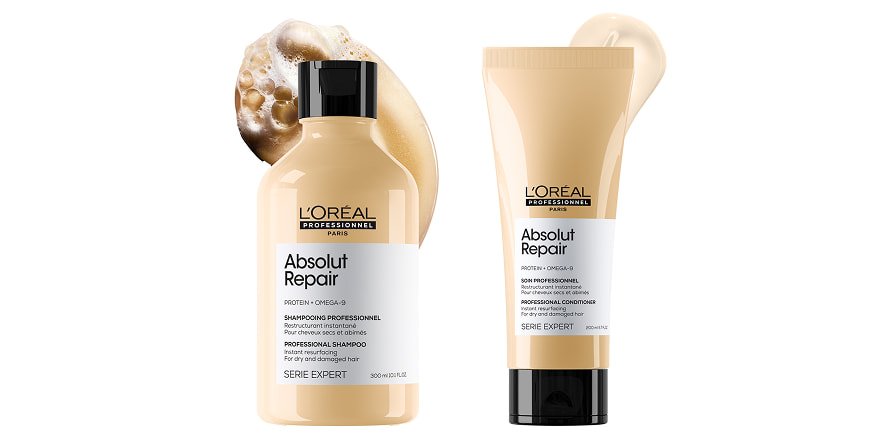 A linha Absolut Repair, com champô e condicionador, realça a importância de escolher os produtos certos para uma rotina de cuidados com o cabelo seco e danificado.