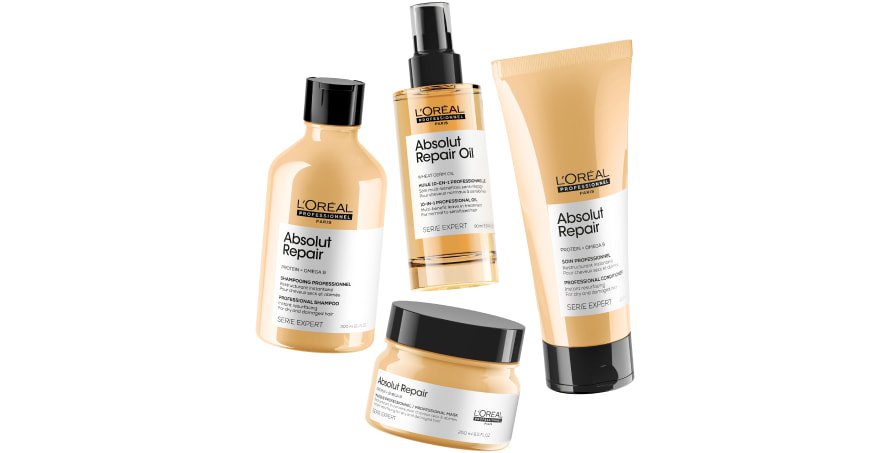Rotina de cuidados capilares hidratantes para cabelos secos com champô, condicionador, máscara e óleo Absolut Repair para restaurar a suavidade, a força e o brilho.