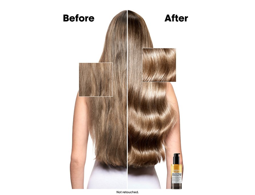 Antes e depois de cabelos longos e loiros com tratamento capilar bifásico molecular, mostrando fios protegidos, redução das pontas espigadas e maior brilho.