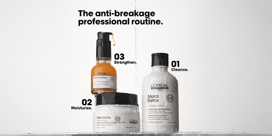 Rotina profissional de cuidados capilares antiqueda da L’Oréal com a linha Metal Detox, que inclui champô, máscara e sérum para cabelos mais fortes.