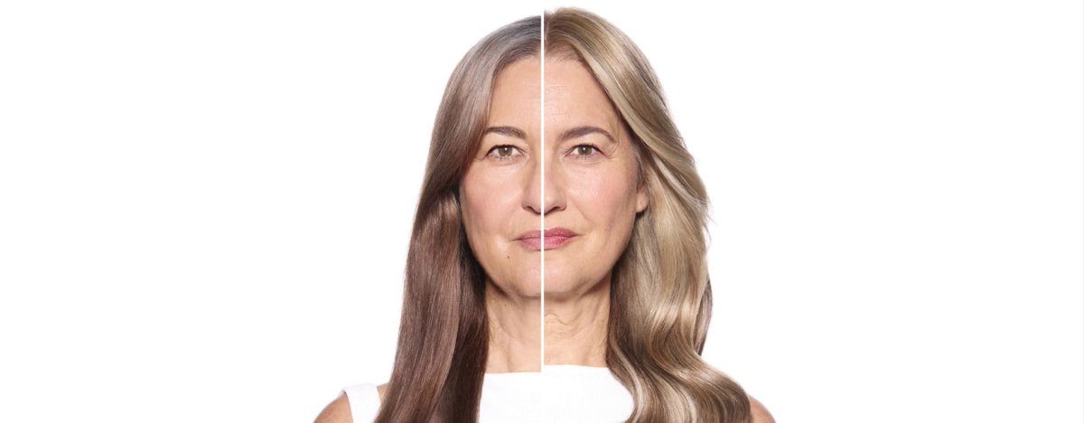 Mulher com balayage para cabelos grisalhos