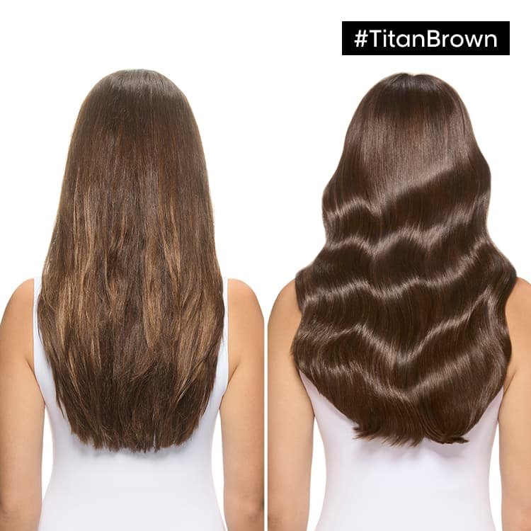 Antes e depois do cabelo brilhante de uma mulher, perfeitamente na moda com tons moka após a aplicação de Titan Brown da L’Oréal Professionnel.