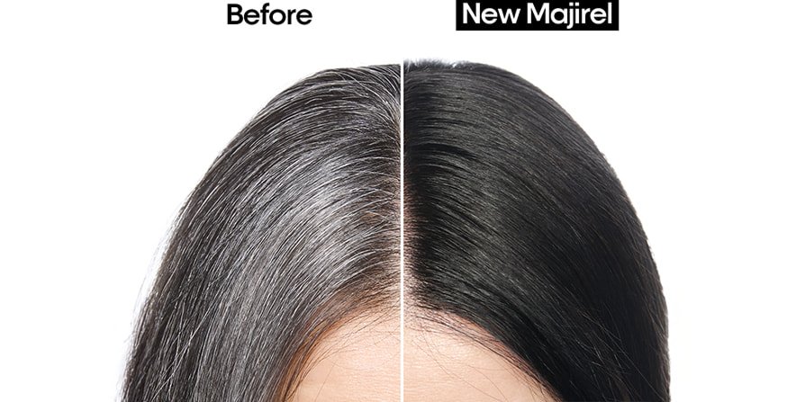 Antes e depois do uso da coloração Majirel Color no cabelo de uma mulher, mostrando uma cobertura eficaz dos cabelos brancos e resultados vibrantes e com aspeto saudável.