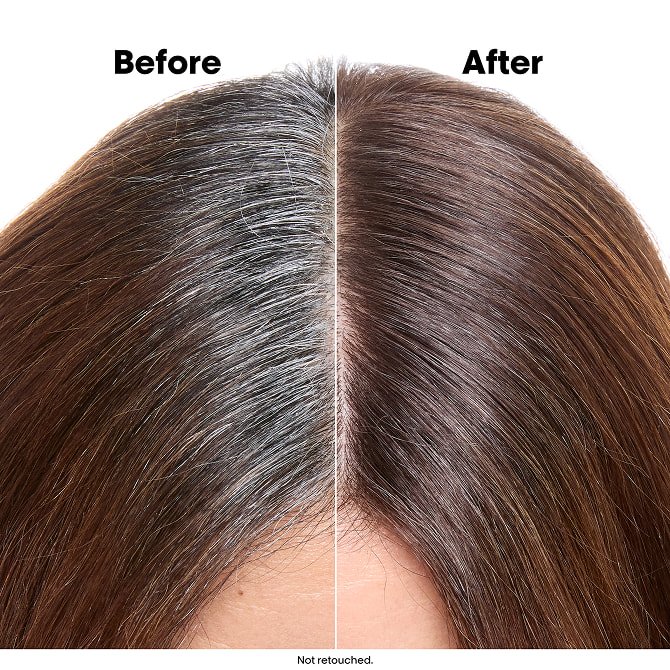 Antes e depois do uso da coloração Majirel Color no cabelo de uma mulher, mostrando uma cobertura eficaz dos cabelos brancos e resultados vibrantes e com aspeto saudável.