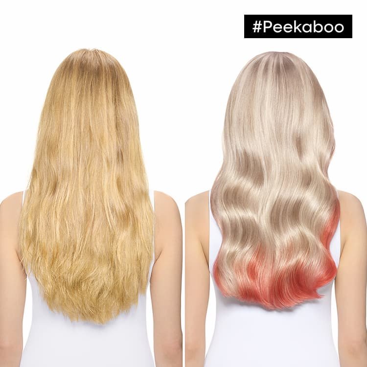 Antes e depois do cabelo de uma mulher que usa a coloração Mermaid Peekaboo da L’Oréal para uma revelação de cor subtil e um efeito de contraste vibrante.